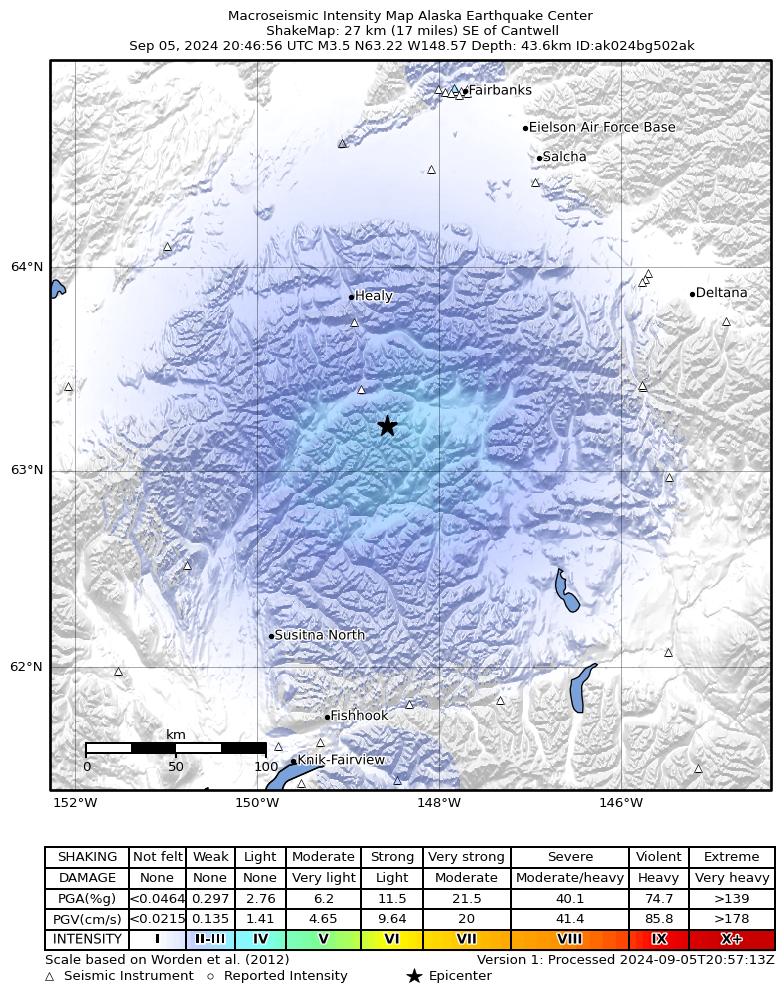 USGS ShakeMap intensity contours for the M3.5 earthquake near 26 km SE of Cantwell, Alaska