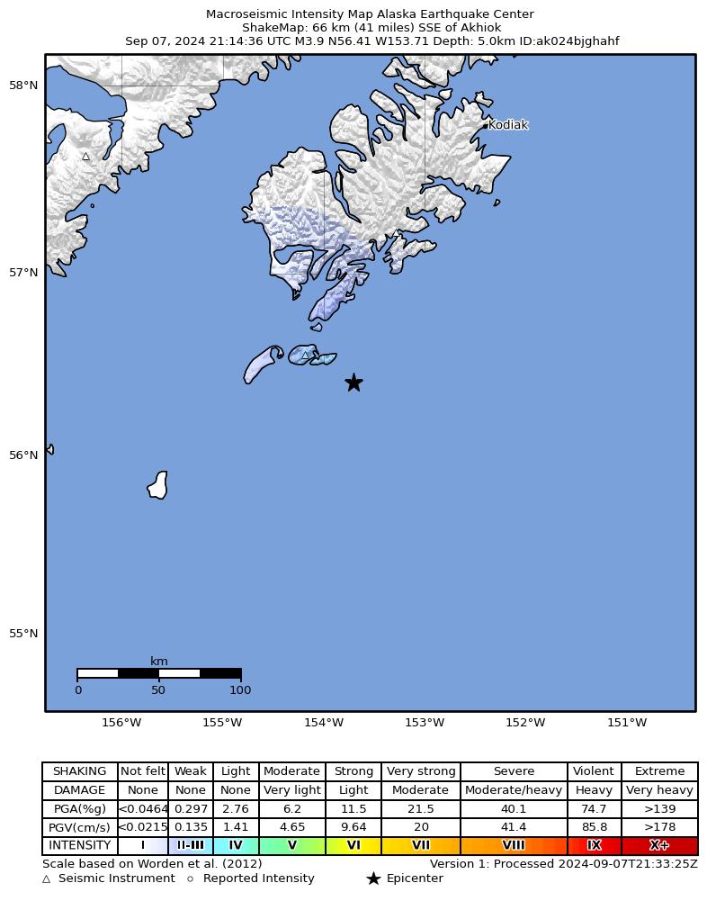 USGS ShakeMap intensity contours for the M3.9 earthquake near 58 km SSE of Akhiok, Alaska