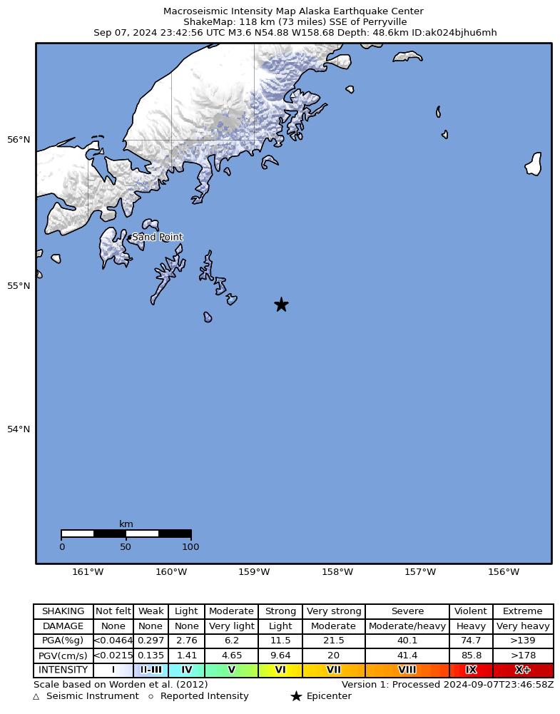 USGS ShakeMap intensity contours for the M3.5 earthquake near 136 km SSE of Perryville, Alaska