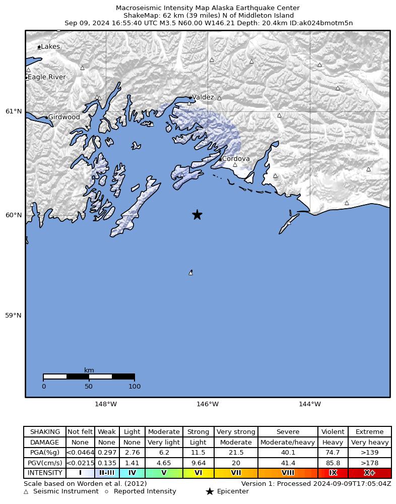 USGS ShakeMap intensity contours for the M3.3 earthquake near 67 km SSW of Cordova, Alaska