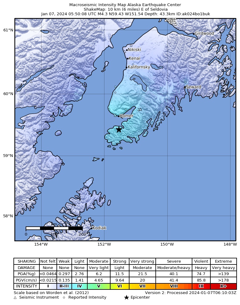 USGS ShakeMap intensity contours for the M4.9 earthquake near 8 km SE of Seldovia Village, Alaska