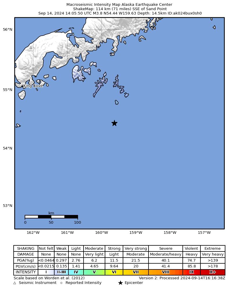 USGS ShakeMap: estimated shaking intensity around the epicenter