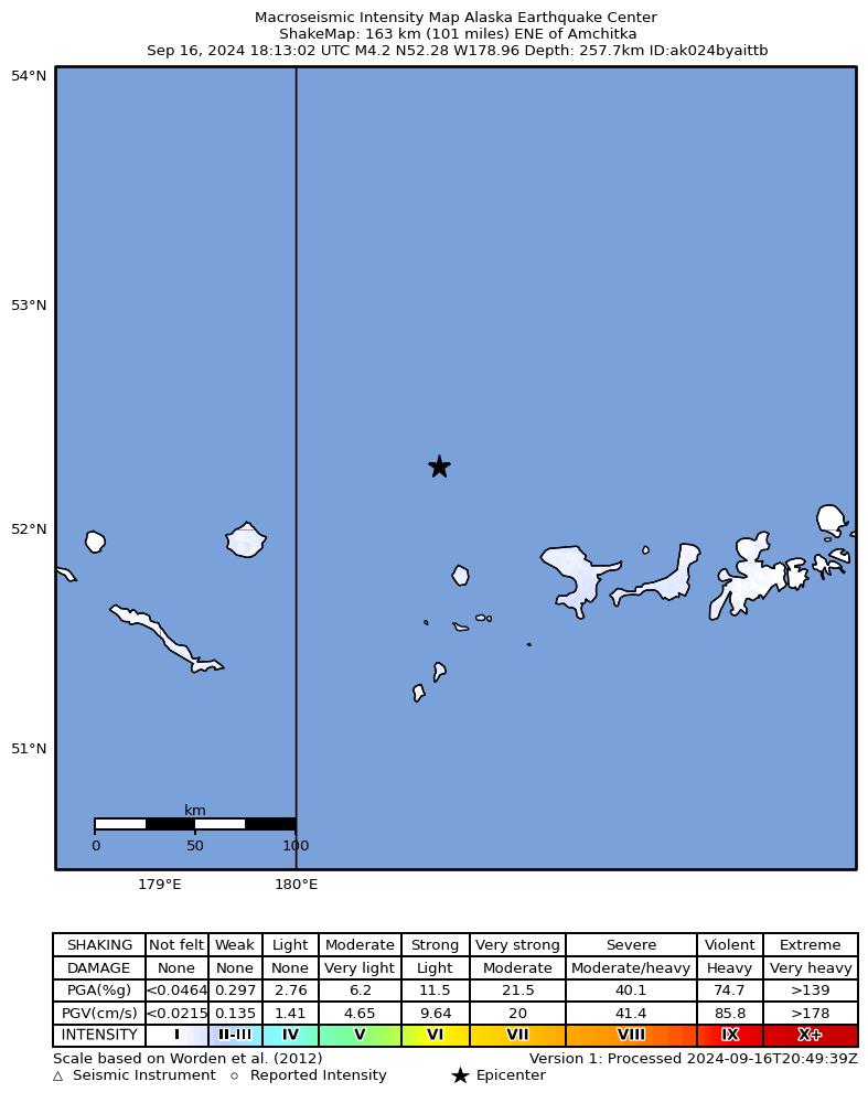 USGS ShakeMap intensity contours for the M4.6 earthquake near 173 km WNW of Adak, Alaska