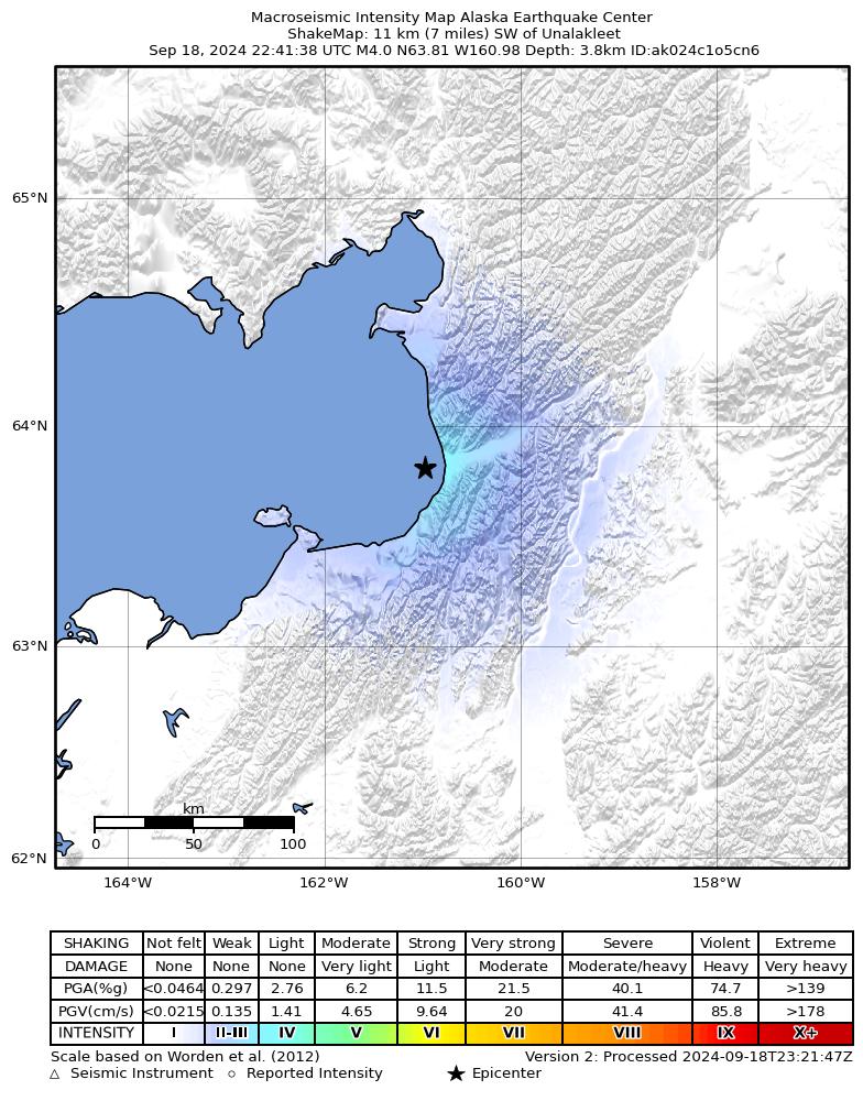 USGS ShakeMap intensity contours for the M4.0 earthquake near 19 km WSW of Unalakleet, Alaska