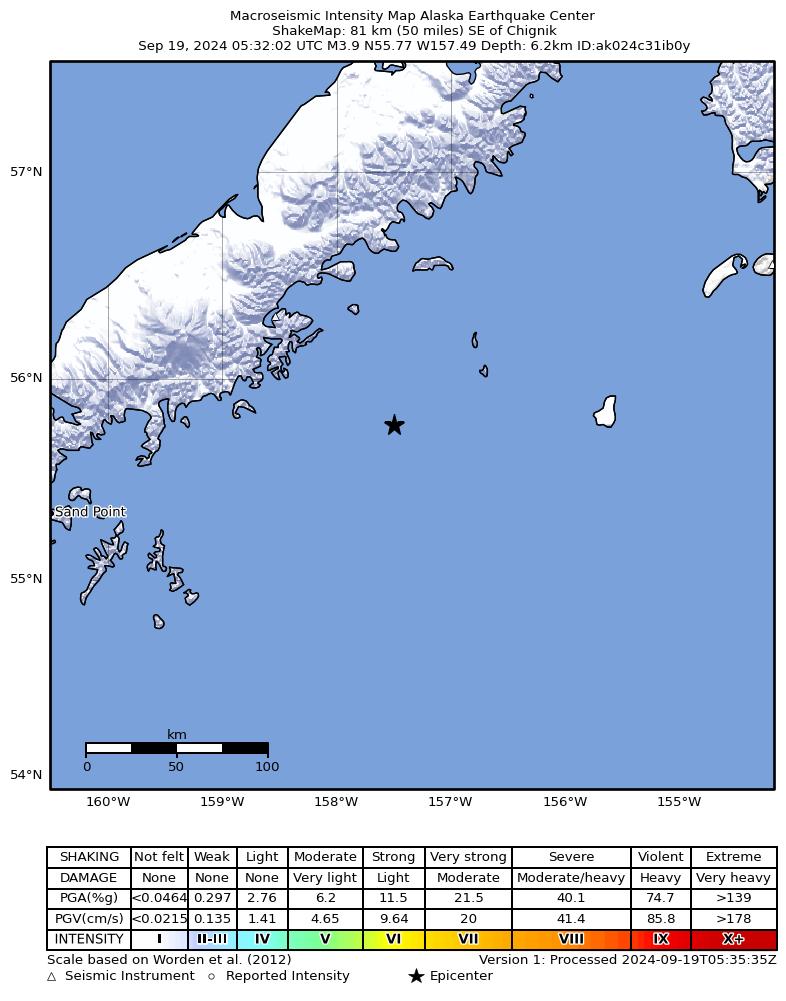 USGS ShakeMap: estimated shaking intensity around the epicenter