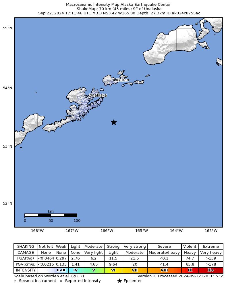 USGS ShakeMap intensity contours for the M3.7 earthquake near 55 km SE of Unalaska, Alaska