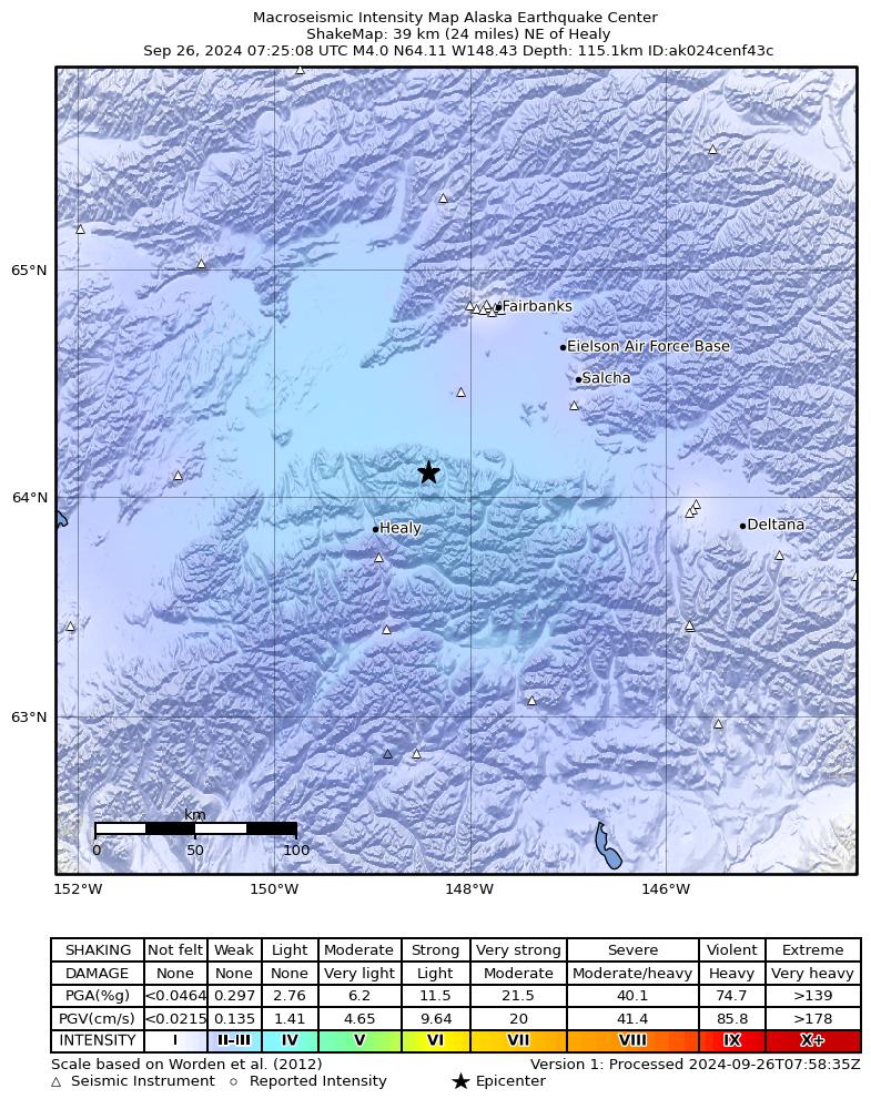USGS ShakeMap: estimated shaking intensity around the epicenter