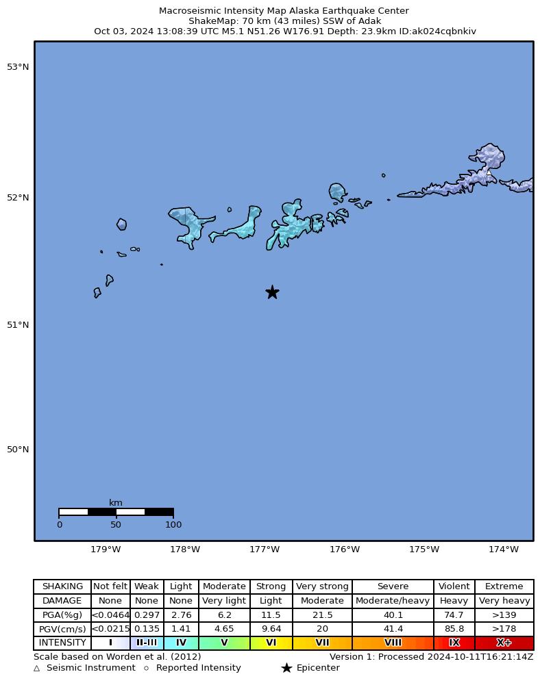 USGS ShakeMap intensity contours for the M5.0 earthquake near 68 km SSW of Adak, Alaska