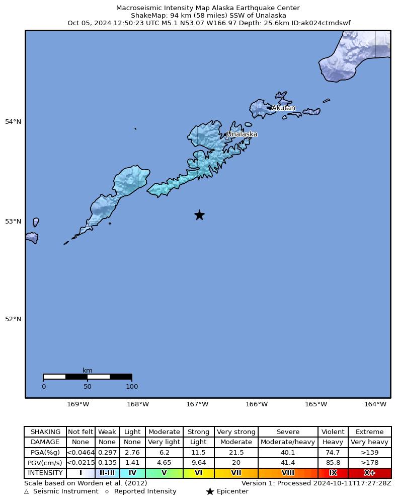 USGS ShakeMap: estimated shaking intensity around the epicenter