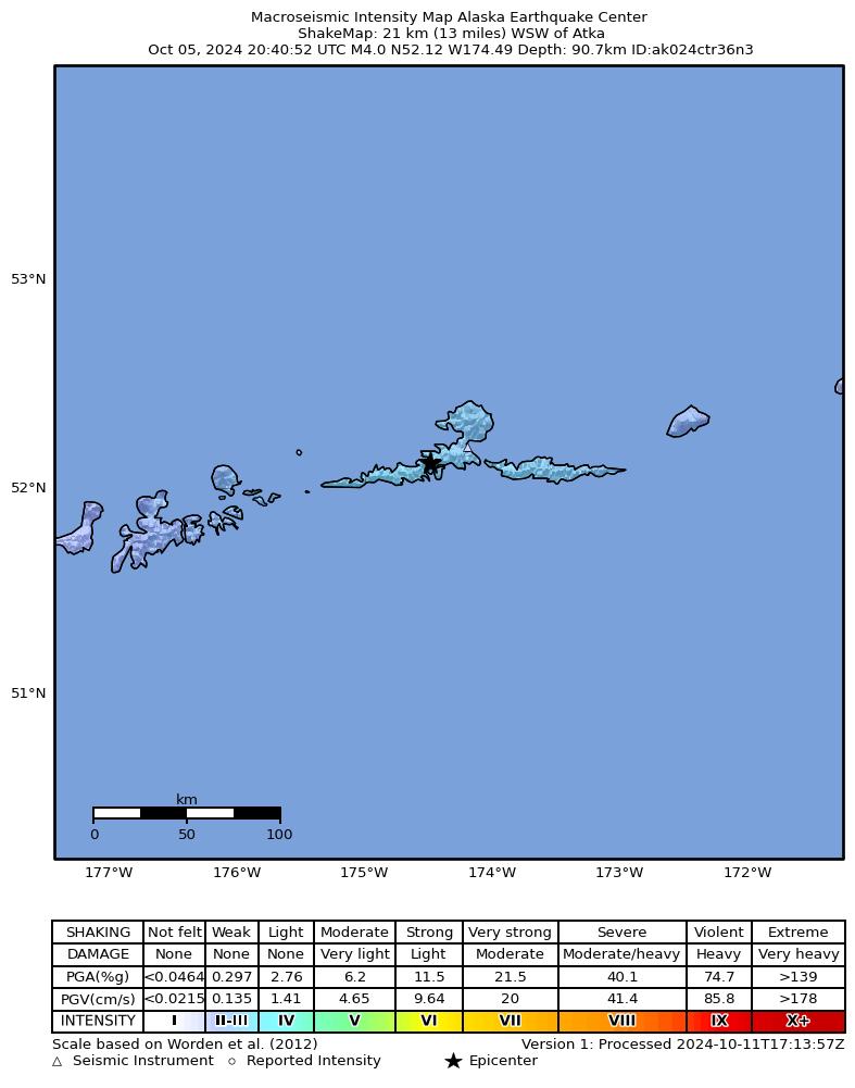 USGS ShakeMap intensity contours for the M4.1 earthquake near 18 km WSW of Atka, Alaska