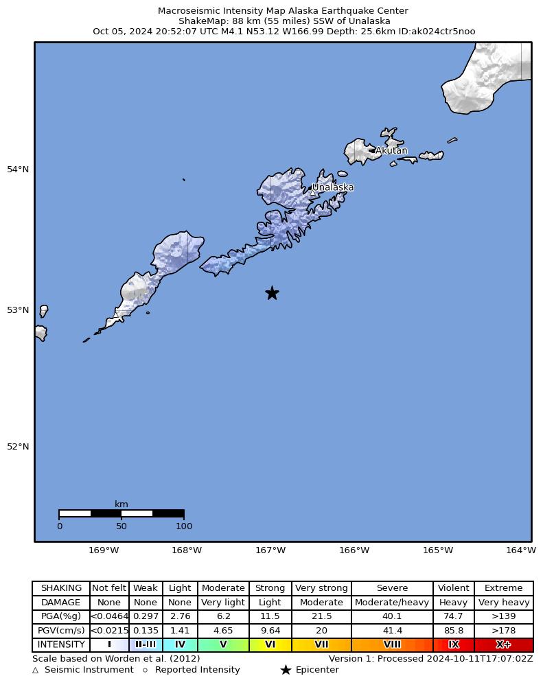 USGS ShakeMap intensity contours for the M4.4 earthquake near 83 km SSW of Unalaska, Alaska
