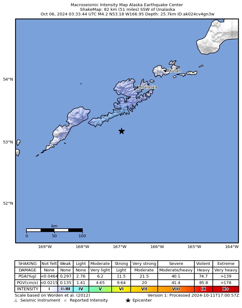 USGS ShakeMap: estimated shaking intensity around the epicenter