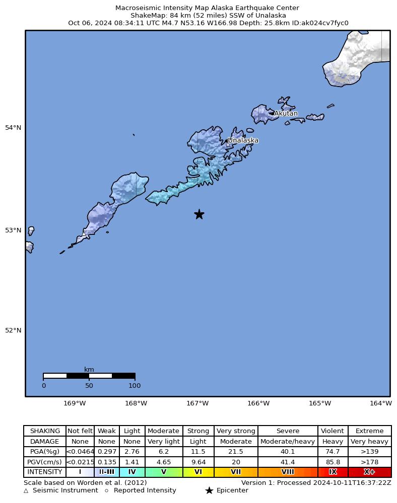 USGS ShakeMap intensity contours for the M4.8 earthquake near 77 km SSW of Unalaska, Alaska