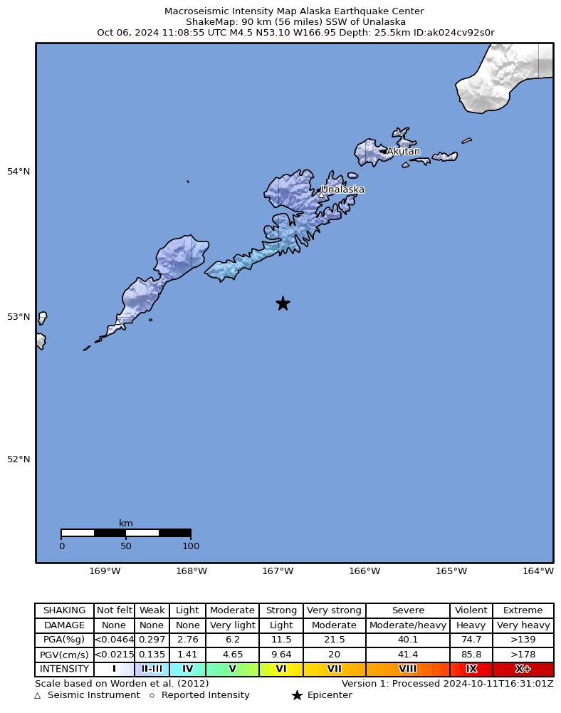 USGS ShakeMap: estimated shaking intensity around the epicenter