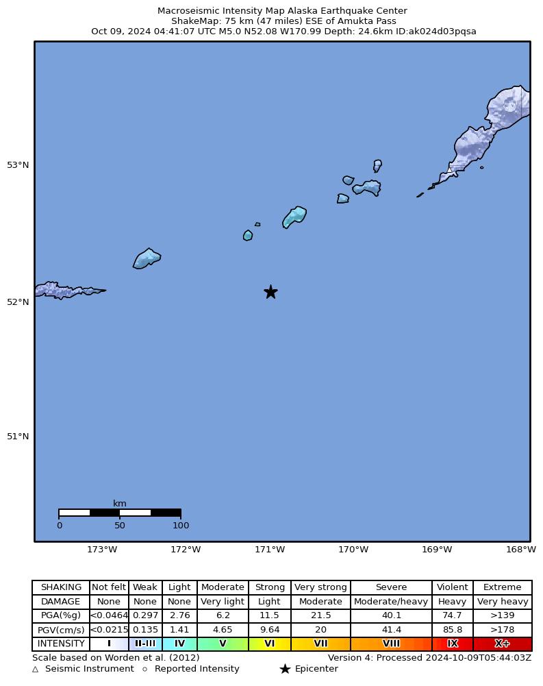 USGS ShakeMap intensity contours for the M5.0 earthquake near 174 km SW of Nikolski, Alaska