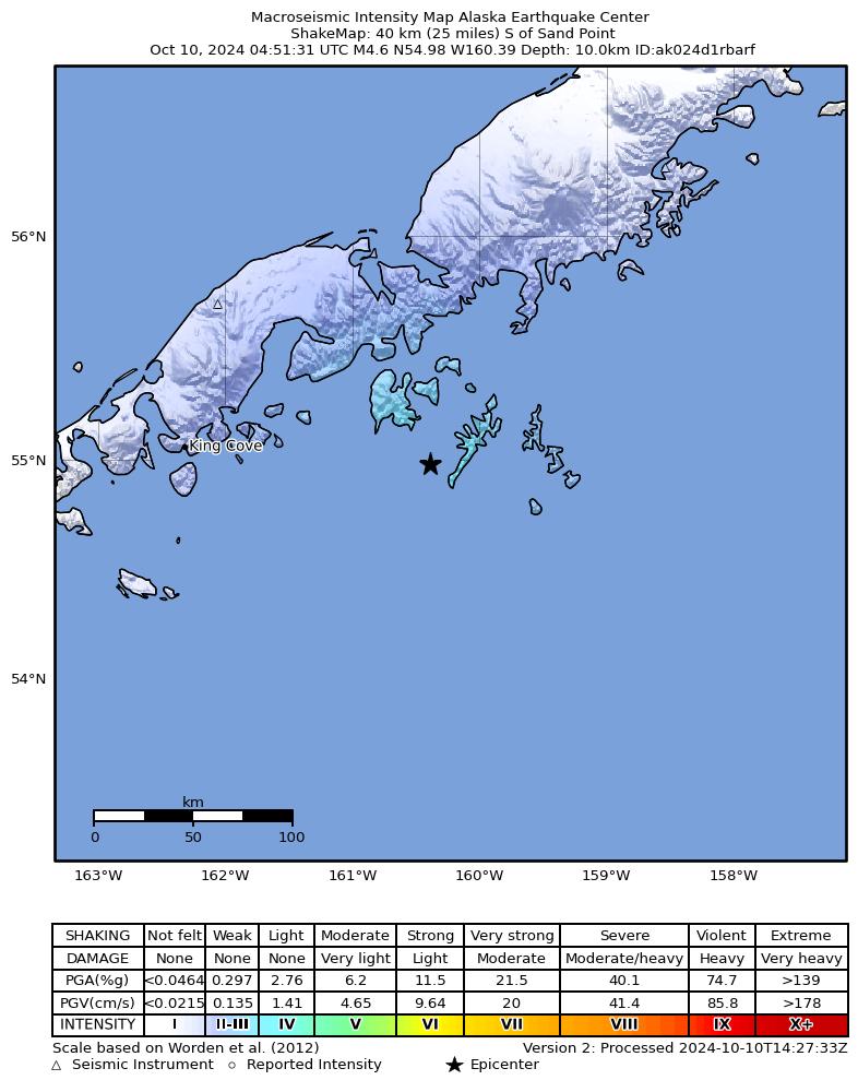 USGS ShakeMap intensity contours for the M4.7 earthquake near 36 km S of Sand Point, Alaska