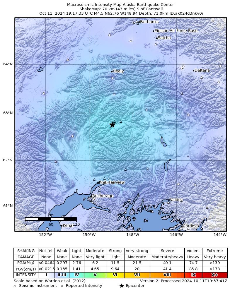 USGS ShakeMap intensity contours for the M4.6 earthquake near 66 km ENE of Chase, Alaska
