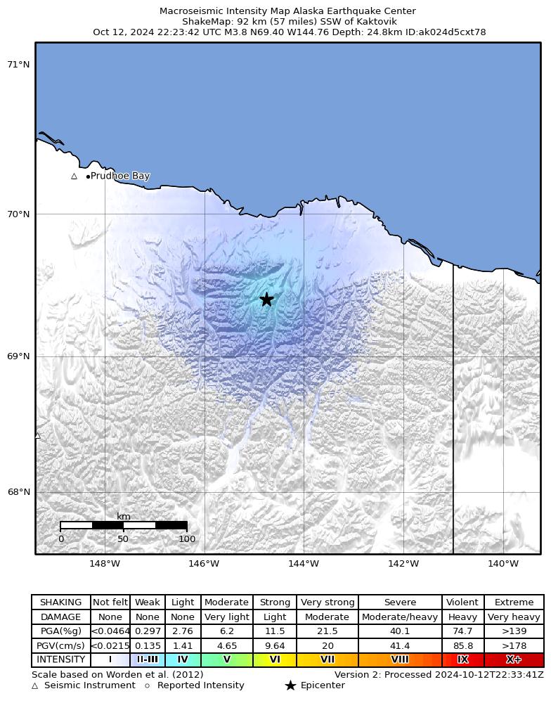 USGS ShakeMap intensity contours for the M3.9 earthquake near 102 km SSW of Kaktovik, Alaska