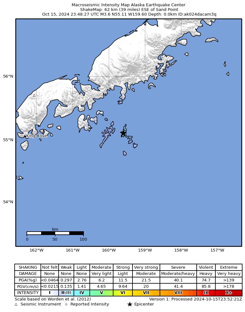 USGS ShakeMap intensity contours for the M3.6 earthquake near 69 km ESE of Sand Point, Alaska