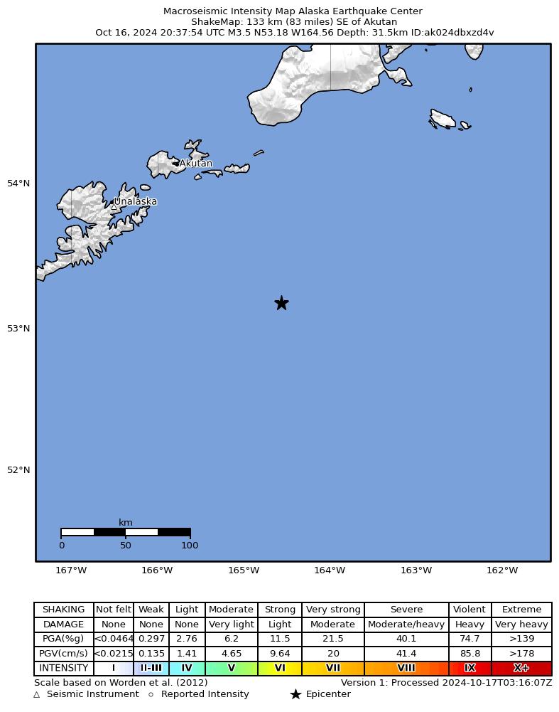 USGS ShakeMap intensity contours for the M3.5 earthquake near 128 km SE of Akutan, Alaska