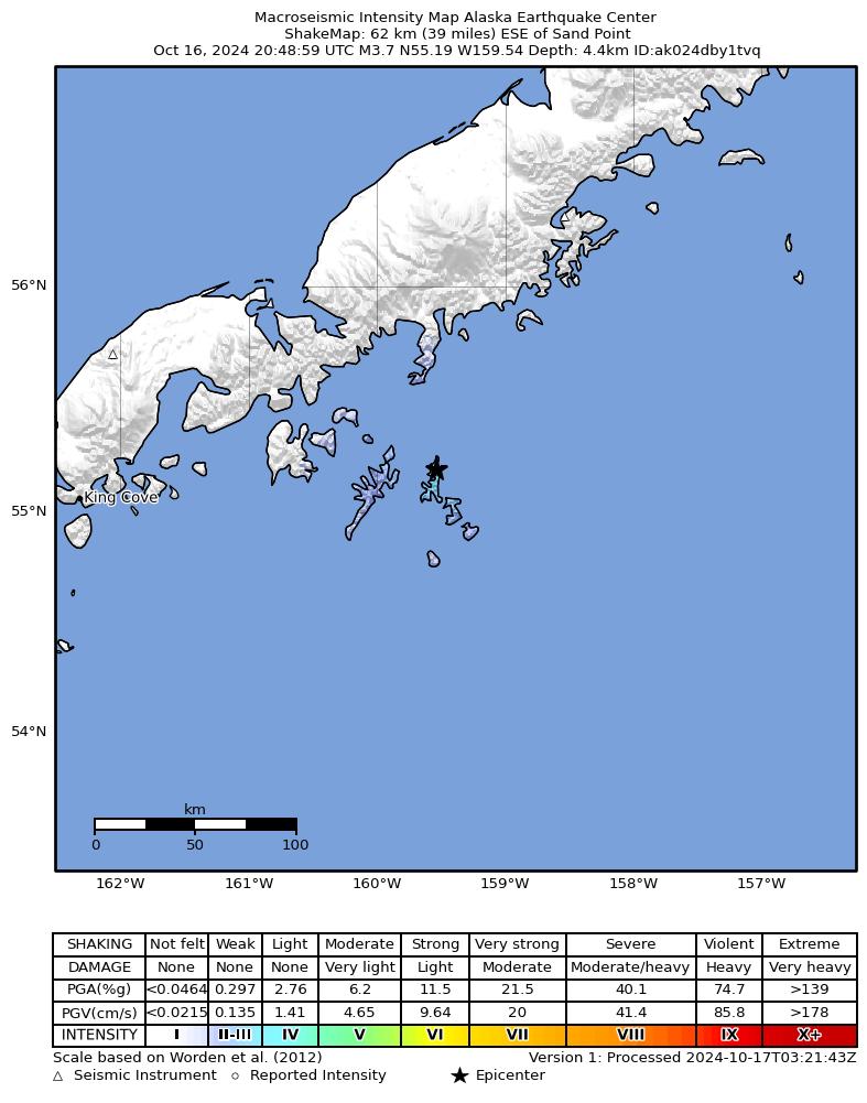 USGS ShakeMap intensity contours for the M3.9 earthquake near 73 km ESE of Sand Point, Alaska