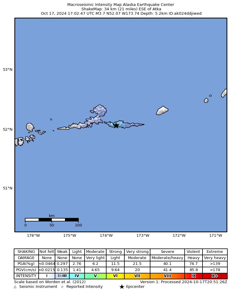USGS ShakeMap intensity contours for the M3.8 earthquake near 52 km SE of Atka, Alaska