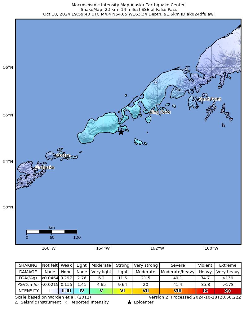 USGS ShakeMap intensity contours for the M4.3 earthquake near 15 km WNW of False Pass, Alaska