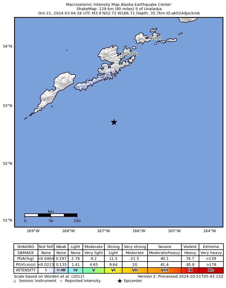 USGS ShakeMap: estimated shaking intensity around the epicenter