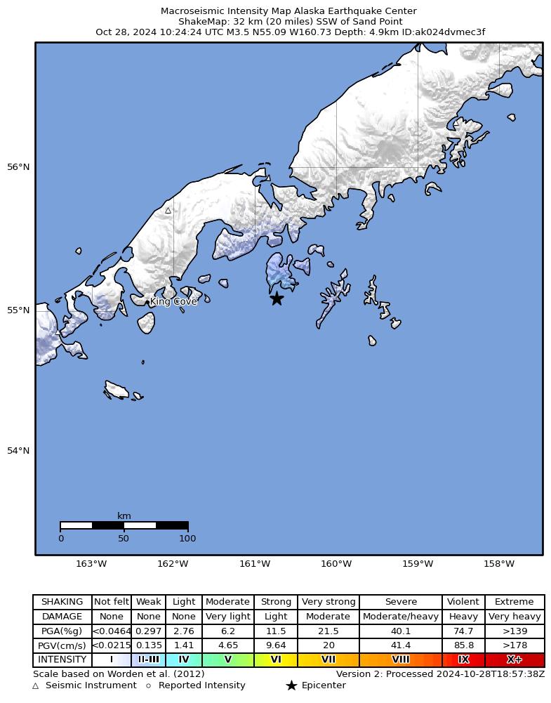 USGS ShakeMap: estimated shaking intensity around the epicenter