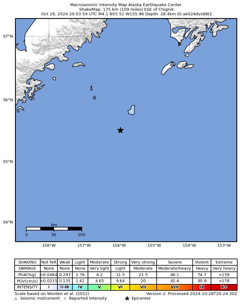 USGS ShakeMap intensity contours for the M3.9 earthquake near 174 km ESE of Chignik, Alaska