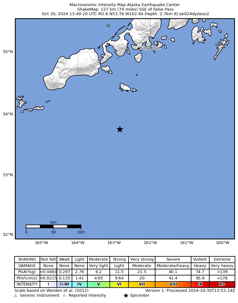 USGS ShakeMap intensity contours for the M3.9 earthquake near 84 km SSE of False Pass, Alaska