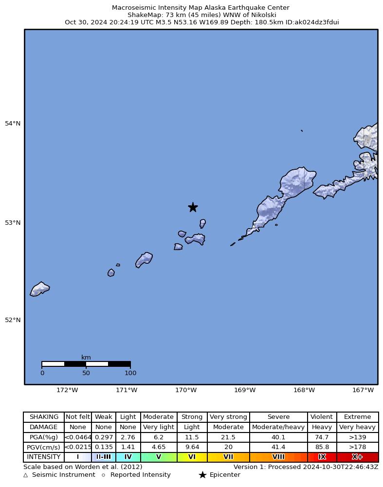 USGS ShakeMap intensity contours for the M3.8 earthquake near 62 km WNW of Nikolski, Alaska