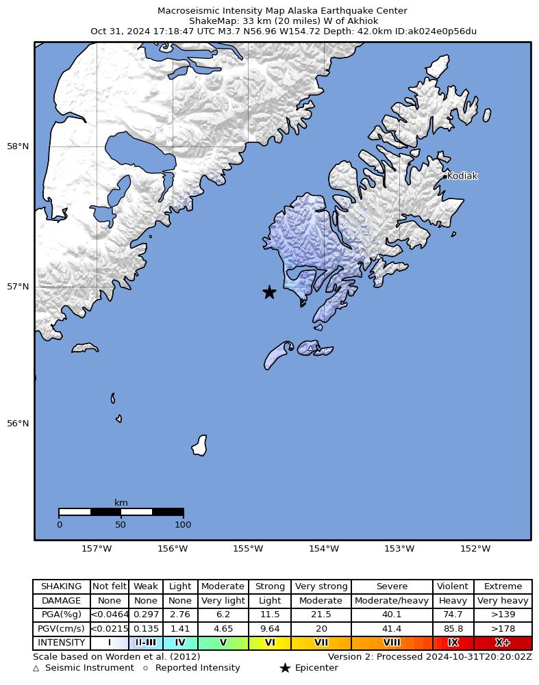 USGS ShakeMap intensity contours for the M3.6 earthquake near 34 km W of Akhiok, Alaska