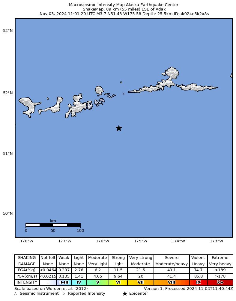USGS ShakeMap: estimated shaking intensity around the epicenter