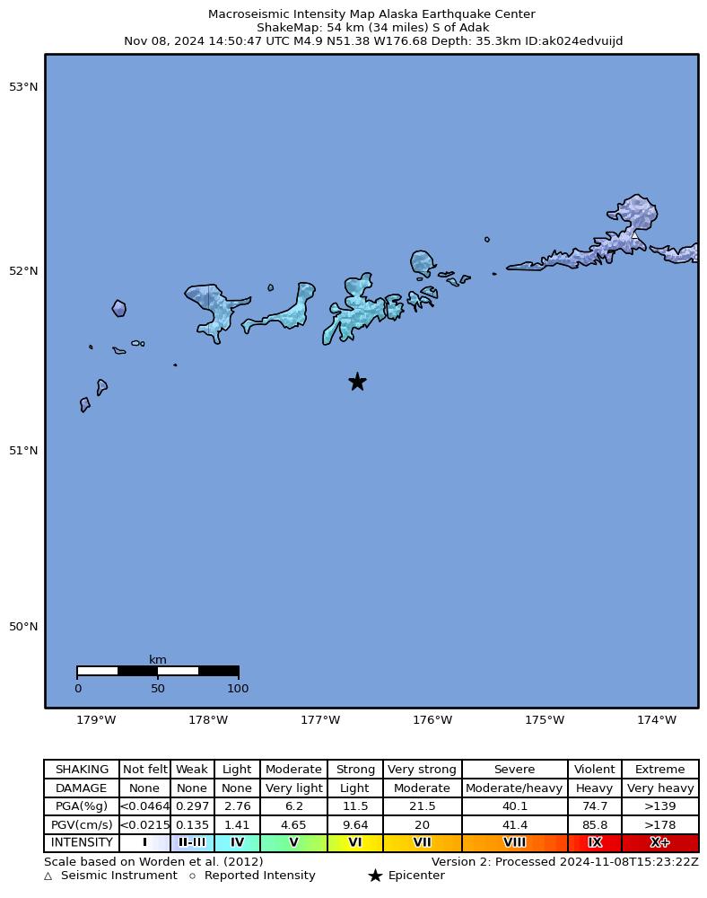 USGS ShakeMap intensity contours for the M4.7 earthquake near 42 km S of Adak, Alaska