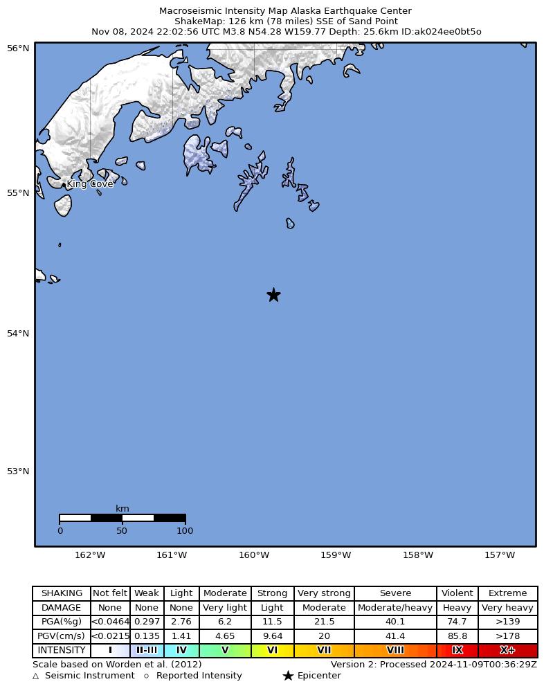 USGS ShakeMap intensity contours for the M4.3 earthquake near 125 km SSE of Sand Point, Alaska