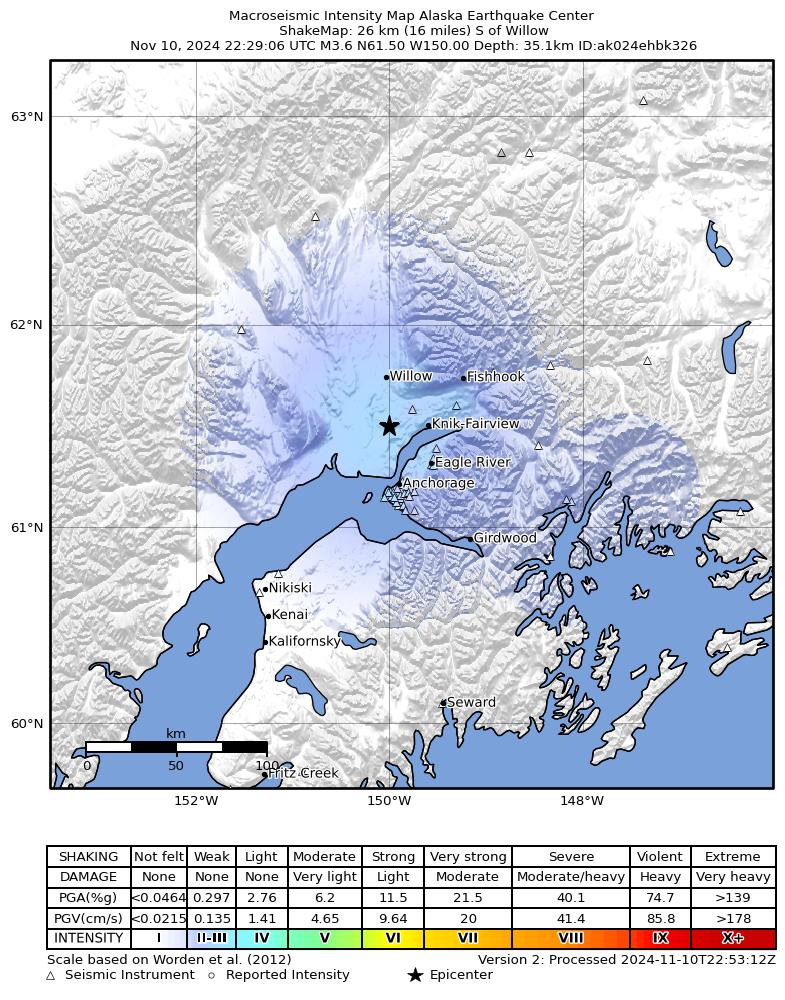 USGS ShakeMap intensity contours for the M3.6 earthquake near 1 km WSW of Big Lake, Alaska