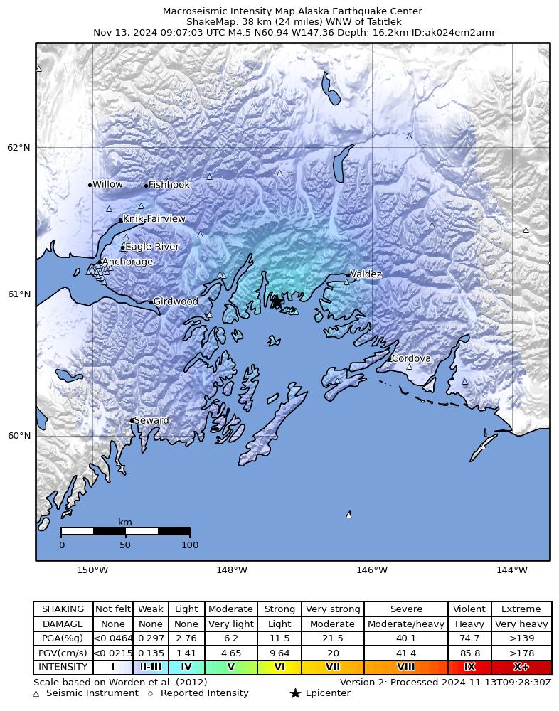 USGS ShakeMap: estimated shaking intensity around the epicenter