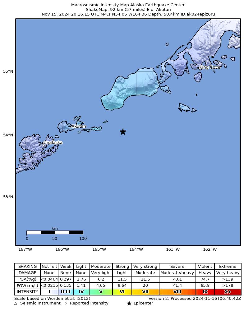 USGS ShakeMap intensity contours for the M3.9 earthquake near 79 km E of Akutan, Alaska