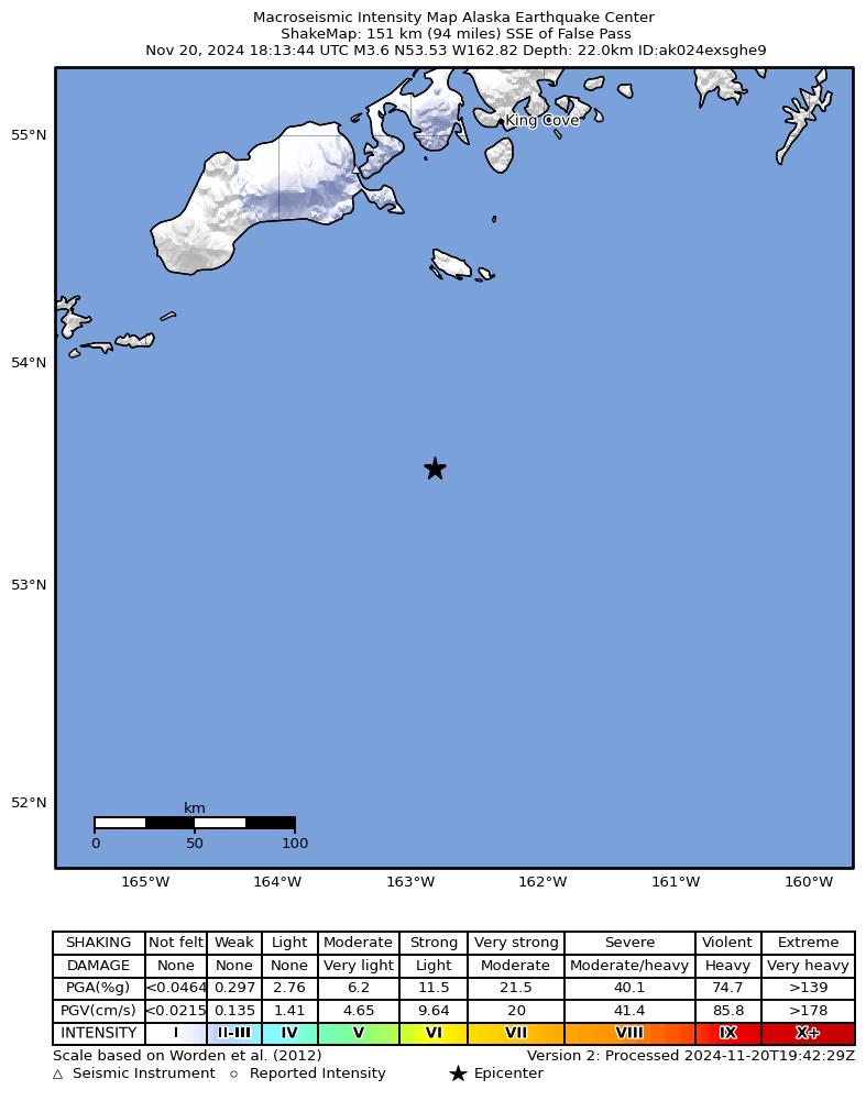 USGS ShakeMap intensity contours for the M3.7 earthquake near 134 km SSE of False Pass, Alaska