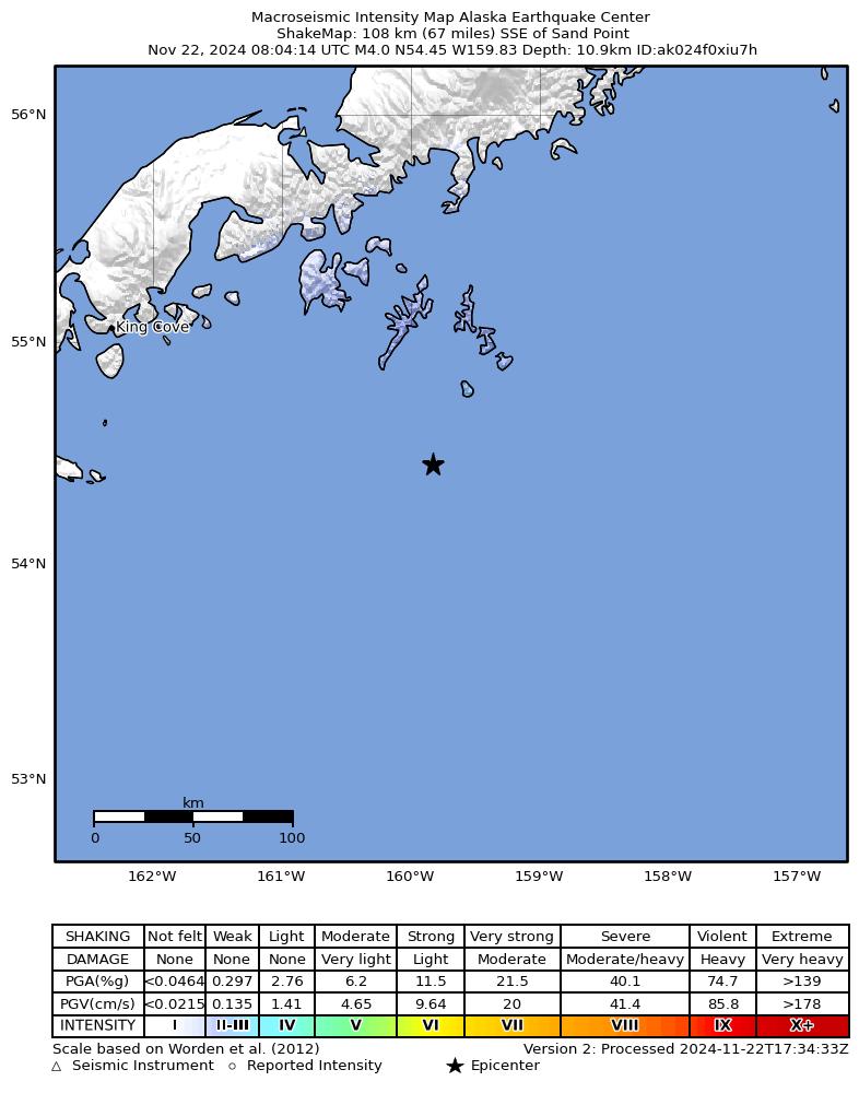 USGS ShakeMap: estimated shaking intensity around the epicenter