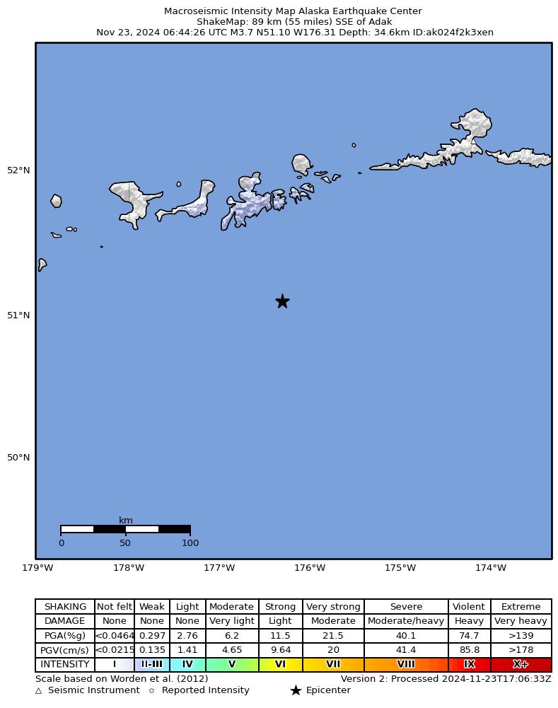 USGS ShakeMap: estimated shaking intensity around the epicenter