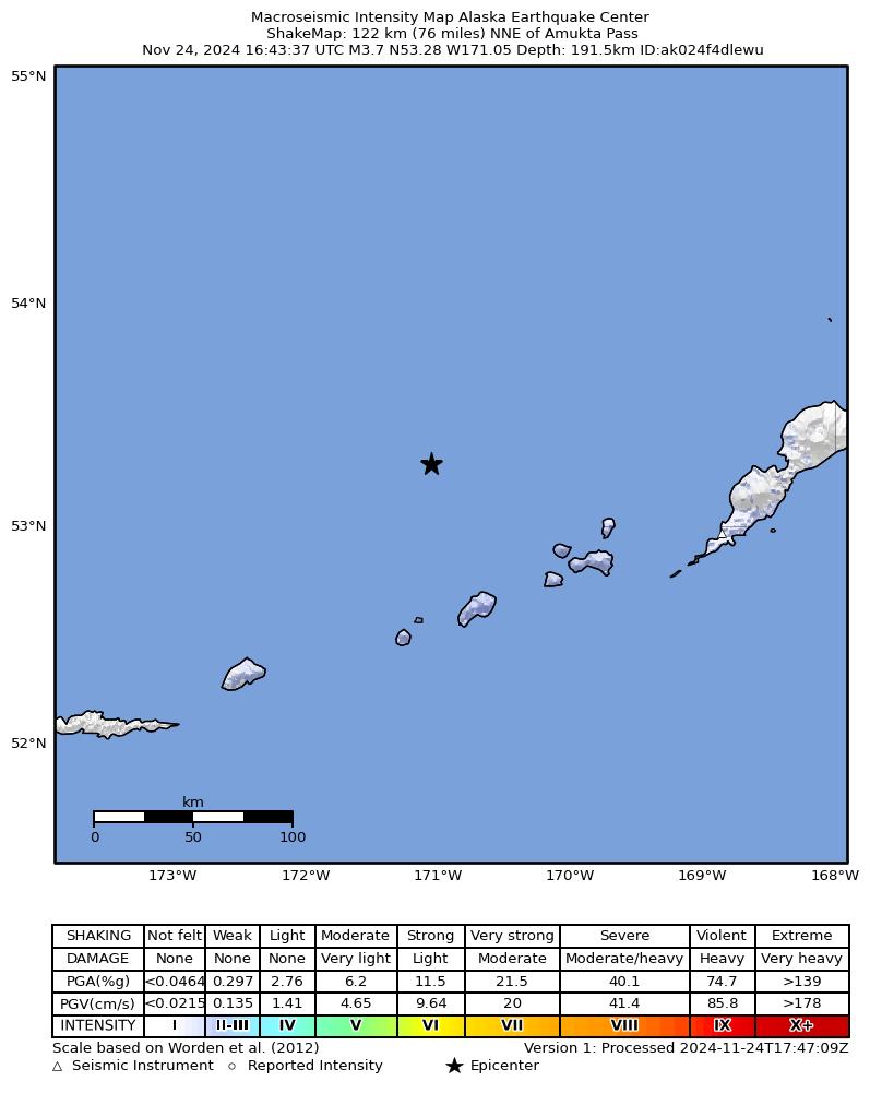 USGS ShakeMap intensity contours for the M4.1 earthquake near 130 km W of Nikolski, Alaska