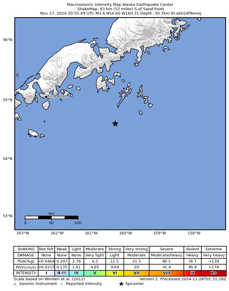 USGS ShakeMap intensity contours for the M3.9 earthquake near 78 km S of Sand Point, Alaska