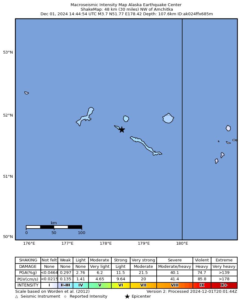 USGS ShakeMap intensity contours for the M4.0 earthquake near Rat Islands, Aleutian Islands, Alaska