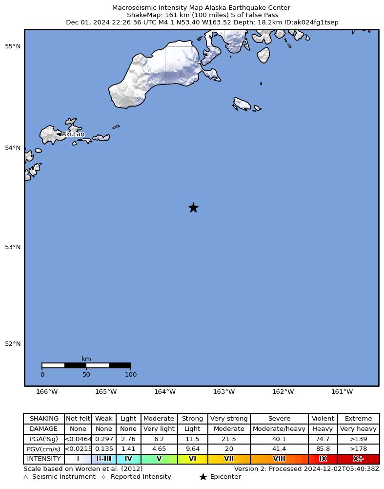 USGS ShakeMap intensity contours for the M4.4 earthquake near 164 km S of False Pass, Alaska