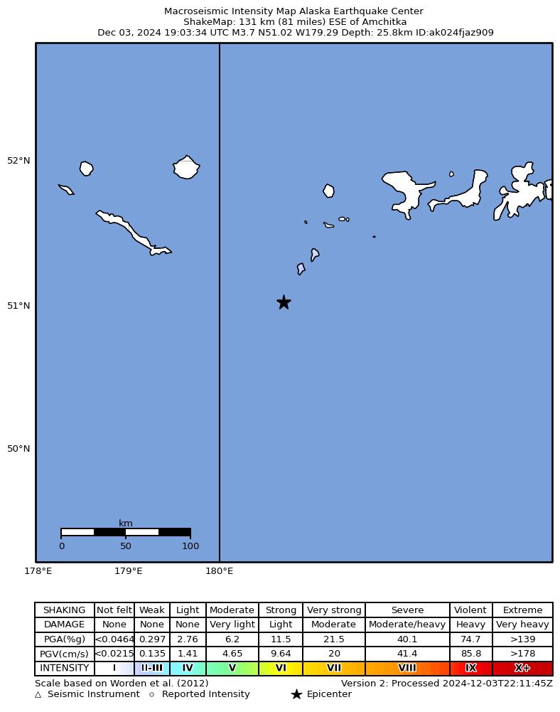 USGS ShakeMap intensity contours for the M4.5 earthquake near 219 km WSW of Adak, Alaska