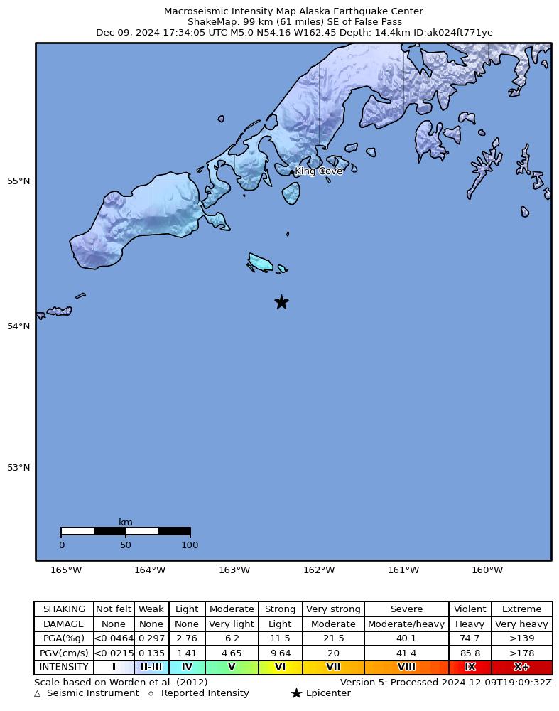 USGS ShakeMap: estimated shaking intensity around the epicenter