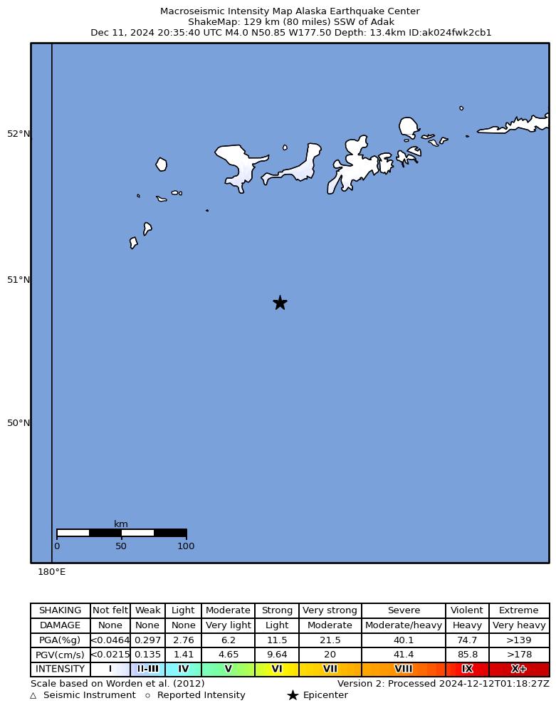 USGS ShakeMap intensity contours for the M4.4 earthquake near 136 km SSW of Adak, Alaska