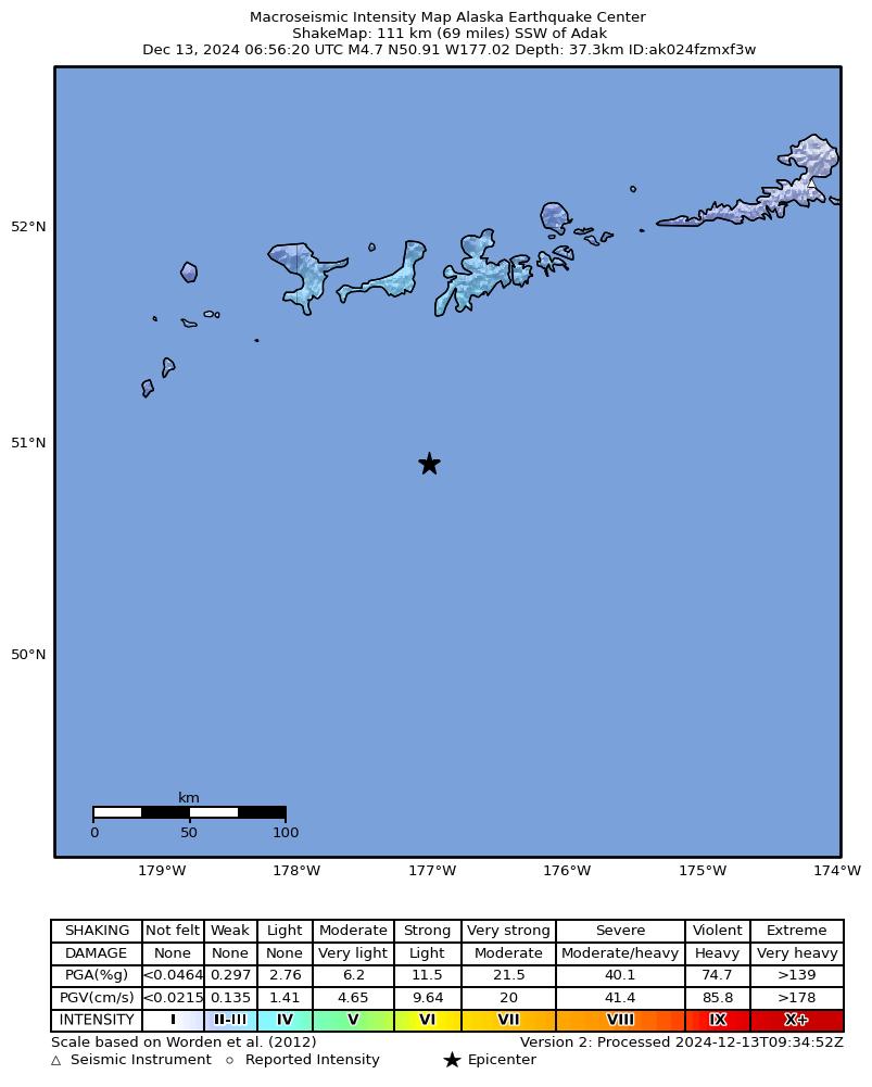 USGS ShakeMap intensity contours for the M5.0 earthquake near 114 km SSW of Adak, Alaska